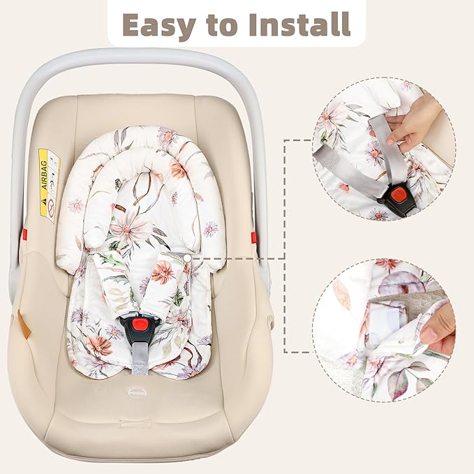 2-in-1 Infant Car Seat Insert, Upgraded Newborn Carseat Insert, Breathable & Soft Baby Car Seat Head Support with 2 Strap Covers for Girls, Perfect for Carseat, Stroller, Swing, White Flower