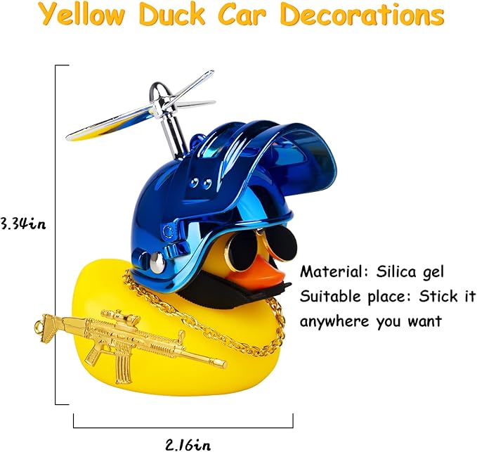 wonuu Rubber Duck Car Ornaments Cool Yellow Duck Car Dashboard Decorations Squeaky Glasses Duck with Propeller Helmet for Car ccessories Dashboard (Y-Blue)