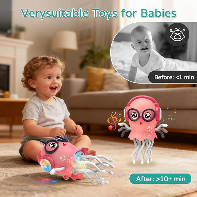 Electric Dancing Sea Creature Toy for Kids, 360° Rotating Tentacles with Music & Lights, Bump & Go Function, ABS Material, Ideal Gift for Ages 3+ (Battery Not Included) (Pink)