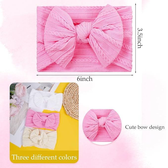 baotongle 3pcs Baby Girls Headbands Soft Stretchy Nylon Hair Bands Hair Accessories with Bows for Newborn Baby Girls Infant Toddlers Kids(White,Light Pink,Beige, 5.7inches)