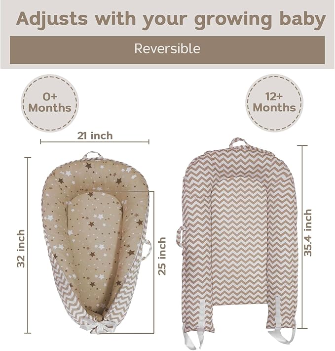 Aila+Aiden Baby Lounger | Organic Cotton Infant Lounger | Reversible, Adjustable & Portable Floor Lounger | Supervised Use | Soft, Breathable, Washable Cover- Star Collection (Tan)