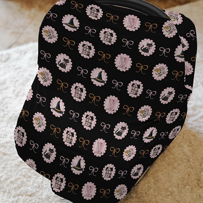 Cute Pink and Black Halloween Baby Car Seat Covers Witch Cat Castle Floral Bows Stretchy 5-in-1 Cover Adjustable Infant Carseat Cover Canopy Spooky Halloween Breathable Nursing Cover-Up