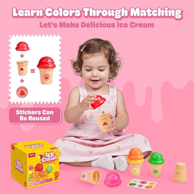 JoyCat Ice Cream Toy Set for Toddlers 1-5, Color Sorting & Stacking Toys, Pretend Play Food for Boy Girls Kids, Educational Fine Motor Skills Gift (5 Cones 5 Scoops)