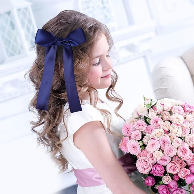 2-Pack Long Satin Ribbon Hair Bows for Girls – Elegant Silk Hair Clips for Toddlers, Infants, Teens & Kids - Navy Blue