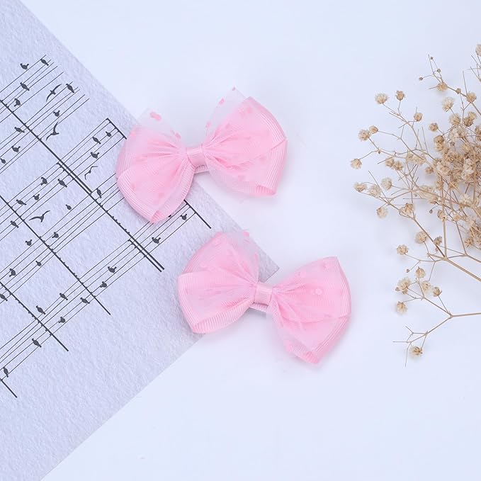 Tiny 3 Inch Dot Organza Double Hair Bow Clips - Cute Lined Boutique Alligator Hairpin for Girls, Toddlers, and Little Teens - Kids Barrettes Set of 2 Small Stylish (Light Pink)