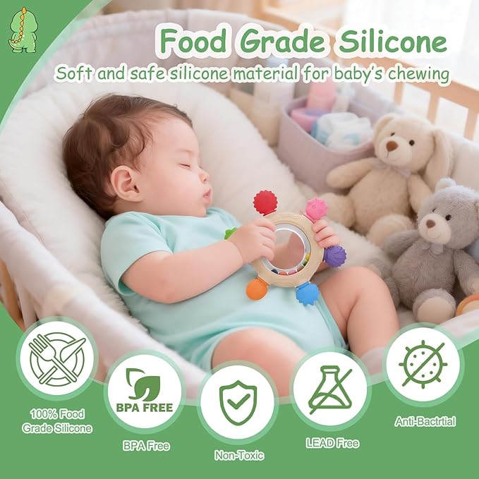 Yoolane Baby Teething Toys, Silicone Teether for Babies 3 6 12 18 Months, Dinosaur Baby Teething Ring Rattle Teether Sensory Chew Toys for Toddler Infant, Newborn Stuff Essential Gift, BPA Free
