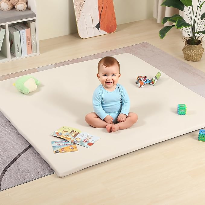 MOMCAYWEX 50"x50" Premium Baby Play Mat, Thick Memory Foam with Wipe-Clean Leather Cover, Non-Slip & Machine Washable Floor Mat for Tummy Time, Crawling and Family Bonding Time, Cream