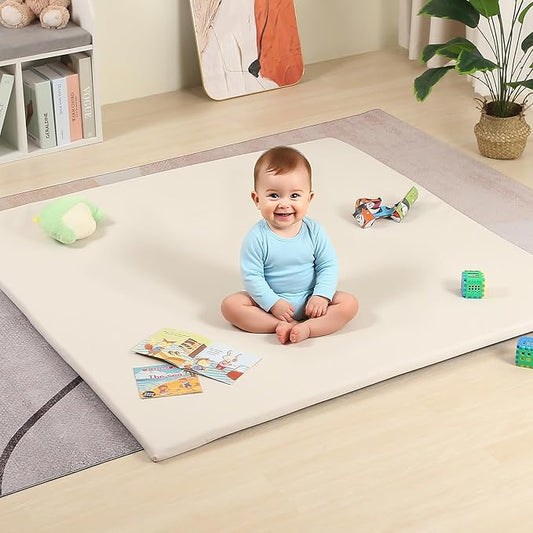 MOMCAYWEX 50"x50" Premium Baby Play Mat, Thick Memory Foam with Wipe-Clean Leather Cover, Non-Slip & Machine Washable Floor Mat for Tummy Time, Crawling and Family Bonding Time, Cream
