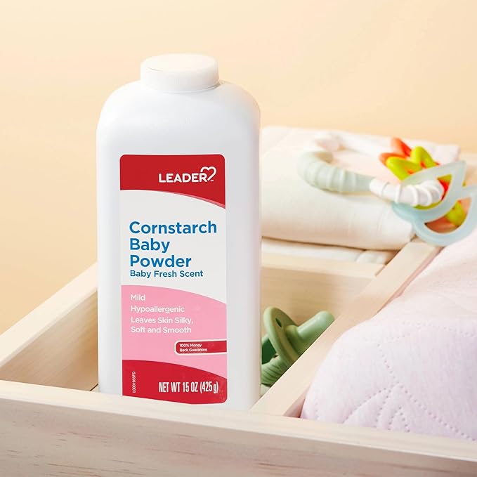LEADER Cornstarch Baby Powder, Naturally Derived Cornstarch Aloe & Vitamin E, Hypoallergenic, Leaves Skin Silky, Soft and Smooth, Baby Fresh Scent, 15 Ounce