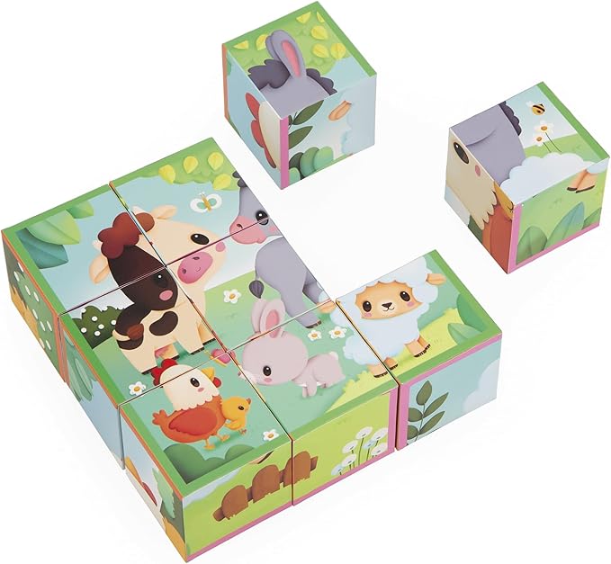 Janod - Farm-Themed Cardboard Puzzle Cubes for Toddlers (9 Cubes, 6 Puzzles) - Entertaining Toddlers During Travel - Enhances Fine Motor Skills - Lightweight and Safe - Educational and Fun