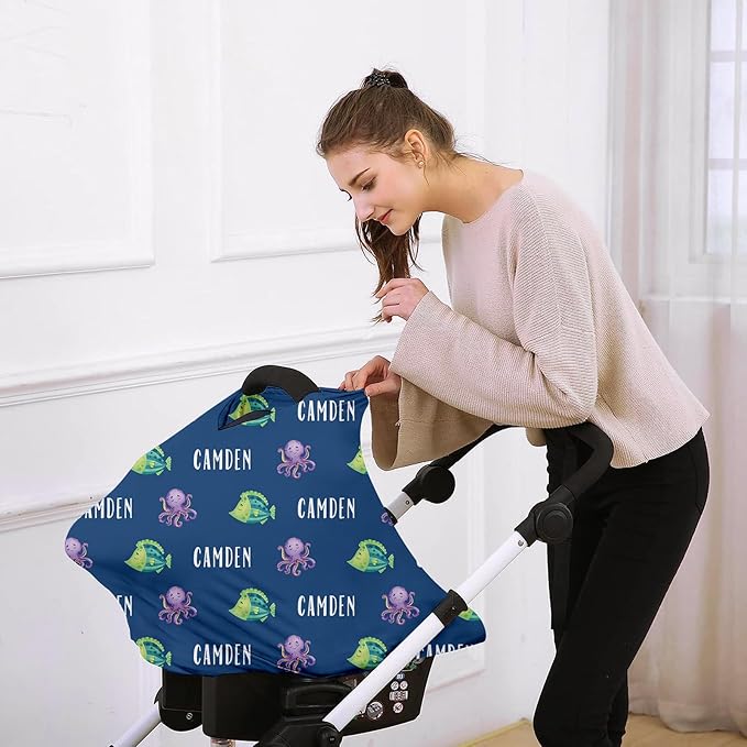 Custom Name Car Seat Canopy - Baby Car Seat Covers, Blue Octopus Print Infant Stroller Cover, Carseat Canopy Christmas Birthday Gifts for Girls and Boys(27"x29")
