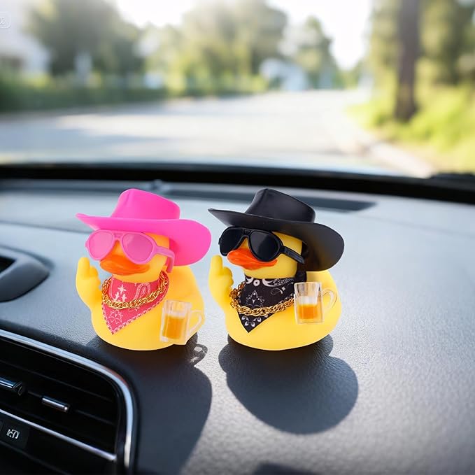 2pcs Funny Rubber Ducks for Dashboard, Cute Car Rubber Cool Duck Ornament with Mini Glasses Hat Scarf Accessories Decor for Home Office Refrigerator Decoration (Pink, Black)