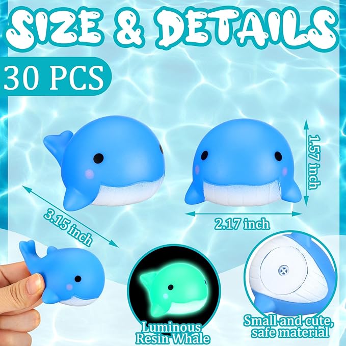 RoundFunny 30 Pcs Whale Rubber Bath Toys Glow in the Dark Mini Sea Animal Blue Squeezable Squeak Toys for Beach Pool Shower Play Floating Favors Carnival Decoration