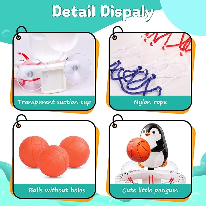 Bath Toys, Bathtub Basketball Hoop for Toddler Kids, 3 Soft No Hole Balls & Bath Basketball Hoop with Strong Suction Cup, Black & White Penguin Baby Shower Bath Toys Set for Boys and Girls