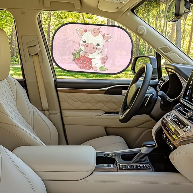 Bulopur Strawberry Cow 2 PCS Car Shades Back Windows Baby Easy to Install Car Window Shade Baby Car Seat Sun Protection Cute Design Universal Fit Mesh Car Window Shades