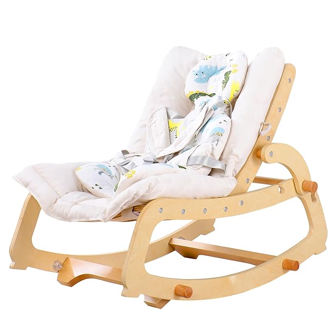 MallBest 3-in-1 Baby Rocker Chair with Double Cushions, for 0-12 Months, Adjustable Wooden Infant Rocker with Removable Cushion and 5-Point Harness for Infant to Toddler (Beige)