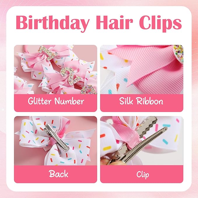 2 Pack 2nd Birthday Hair Bow for Baby Girls, Pink Hair Clips Hair Accessories for Girls 1 2 3 4 5 6 Years Birthday Confetti Ice Cream Party Supplies Decorations