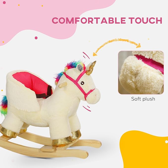Qaba Kids Rocking Horse, Ride on Unicorn with Realistic Sounds, Safety Belt & Wooden Base, Plush Animal Rocker for Toddlers 18-36 Months, Cream White