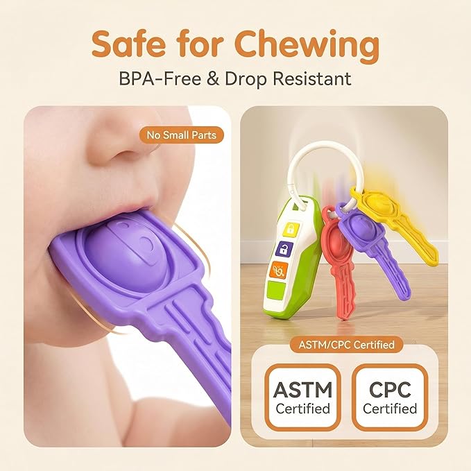 Toy Car Keys for Toddlers 1-3, Soft Silicone Baby Teething Toys with Gentle Lights and Sounds, Non-Toxic Lightweight Pretend Play Sensory Toys for 1 Year Old Boy Girl Birthday Gifts,(blue)