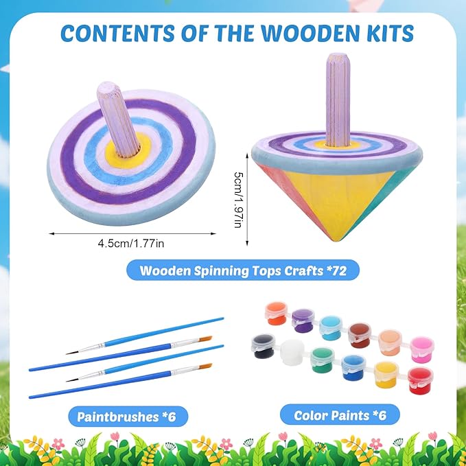 DoubleFill 72pcs DIY Wooden Spinning Tops Craft Kit Watercolor Paints Unfinished Wood Gyroscopes for Kids Educational Kindergarten Toys Spin Tops for Birthday Gifts, Family Games Party Favors