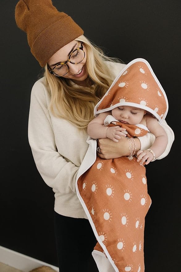 Mebie Baby Muslin Hooded Towel, Sunshine, Cute Hooded Baby Bath Towel for Newborn, Infant & Toddler, Modern Baby Towels and Washcloths for Boy & Girl, Floral & Pattern Hooded Baby Towels