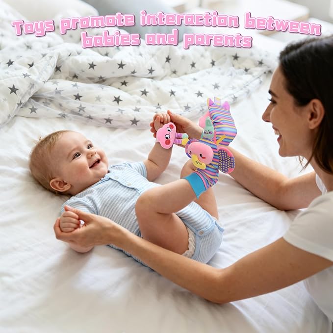 Baby Toys 0-6 Months, Rattle Socks and Wrist Sensory Toys for Infants, Socks and Foot Finder Set with Sound for Babies 6-12 Months, 0-12 Months Newborn Essentials Toy, Baby Girl Shower Gifts - Pink