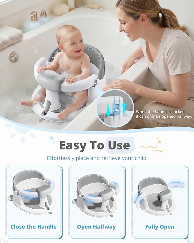 ONTHEWEI Baby Bath Seats for Babies Sitting Up, Non-Slip Baby Bathtub with 3 Suction Cups, Safe & Comfortable Toddler Bath Seat Ideal for Baby Bath/Shower Support, Stable Design, Grey (6-24 Months)