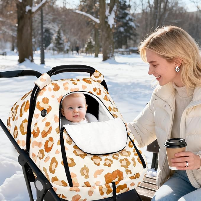 Winter Car Seat Cover Baby, GFU Warm Carseat Cover for Babies, Universal Infant Car Seat Canopy Waterproof, Cold Weather Shield Coats Brown