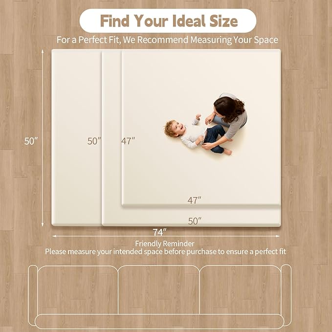 PU Leather Baby Play Mat for Floor, 47"×47" Playpen Mat, 1.3" Thick Elasti-Foam, Non-Slip Crawling Mat for Tummy Time, Waterproof & Wipe-Clean Playmat for Toddler,Infant, Kids (Beige)