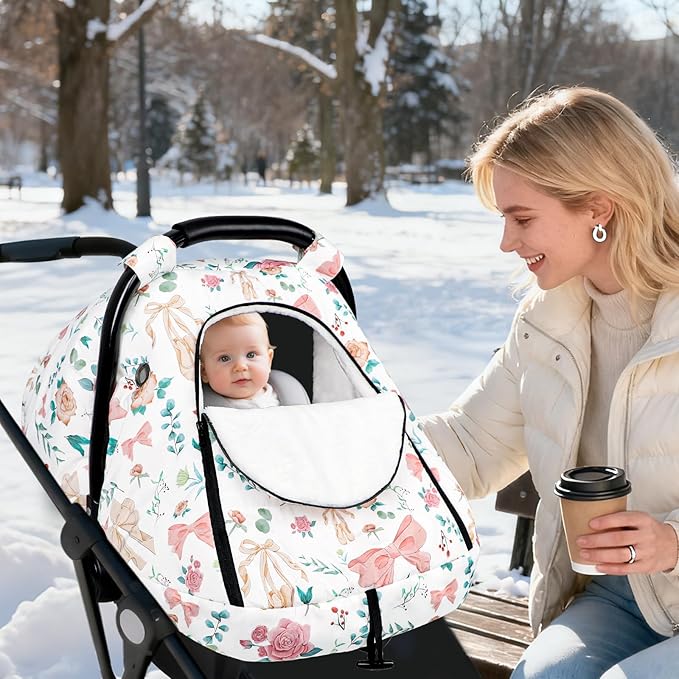 Winter Car Seat Cover Baby, GFU Warm Carseat Cover for Babies, Universal Infant Car Seat Canopy Waterproof, Cold Weather Shield Coats Pink Bow