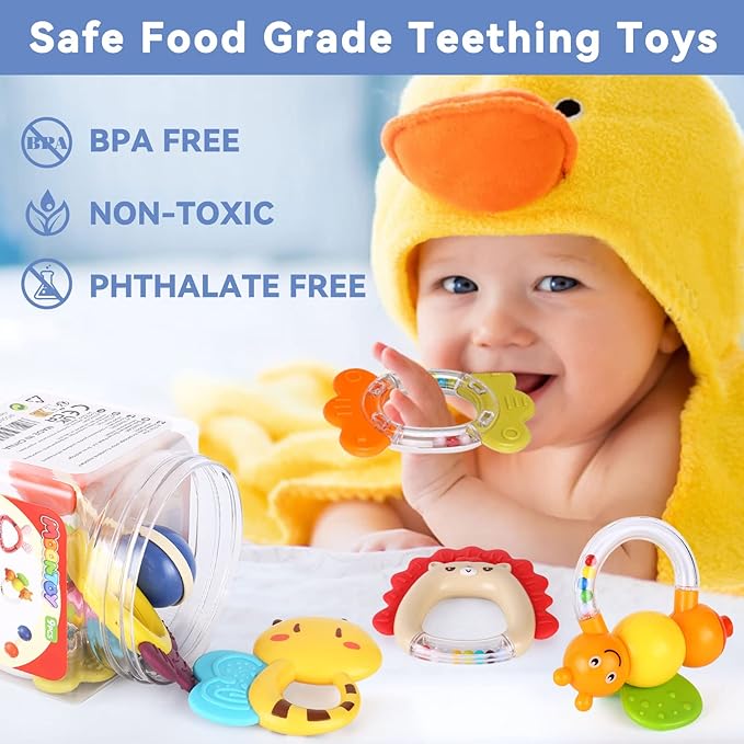 MOONTOY 9pcs Baby Rattles Infant Teething Toys Teethers Sensory Toys for Babies 3-6 Months 6-12 Months Boy Girl Gifts