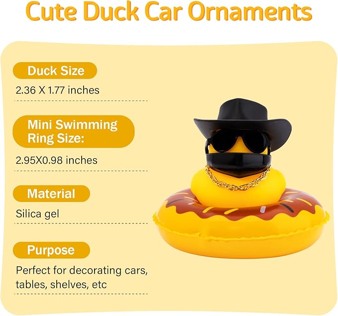 wonuu Car Duck Rubber Duck Car Ornaments Duck Car Dashboard Decorations with Cute Headband Swim Ring Necklace Sunglasses, A-Cowboy Hat Black