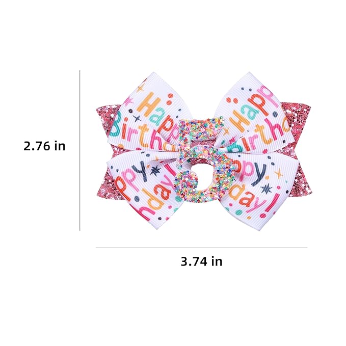 4" Glitter Happy Birthday Hair Bow Clips for Girls Ages 1-6, Pink Ribbon Cheer Bow Barrettes Alligator Hairpins, Confetti Ice Cream Party Dress Accessories, Her 5th Birthday Gift