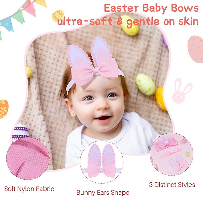 Easter Bows for Baby Girls, 3pcs Rabbit Ears Baby Headbands Pink Elastic Newborn Infant Bow Toddler Headband for Girls Hair Accessories Pink Bunny