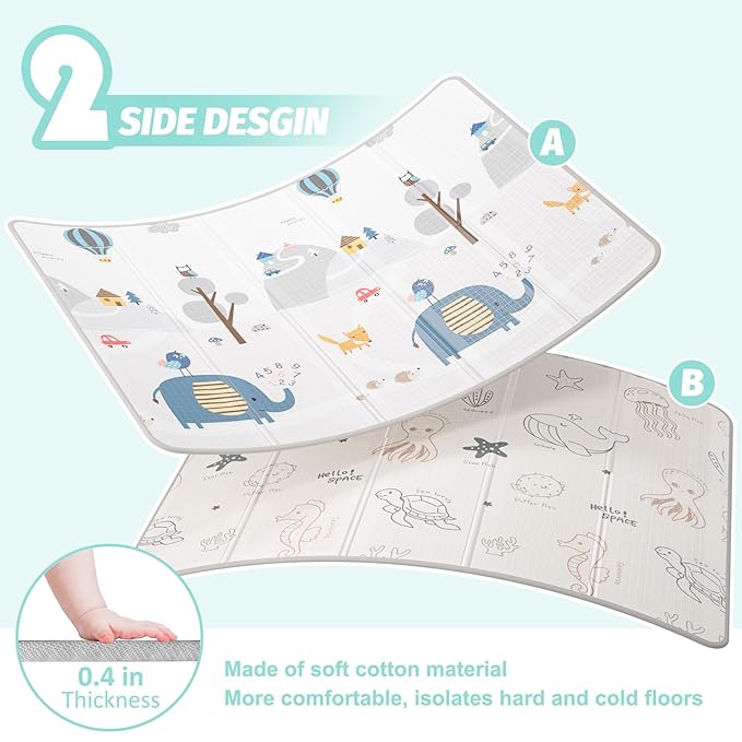 Foldable Baby Play Mat, Double-Sided Design, 79x59 inches, Waterproof, Non-Slip, Extra Thick 0.4 inch, Sea Animals and Elephant Patterns