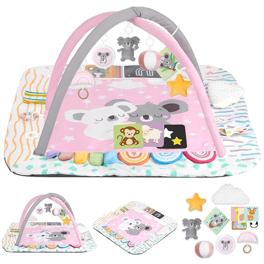 Baby Play Mat Activity Gym, 6 Developmental Zones Tummy Time Mat, 6 Detachable Sensory Toys and Educational Cards, Essential Baby Shower Set, Pink Koala