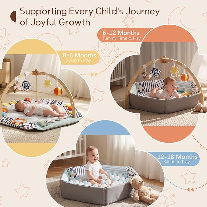 Baby Play Gym Activity Mat, 6 Developmental Zones Wooden Tummy Time Mat with 7 Detachable Sensory Toys for Motor Skill & Sensory Development, Baby Toys Gift for Toddler Infant 0-6-12-18 Month