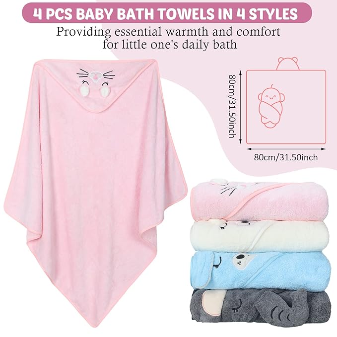 Eccliy 4 Pack Baby Bath Towel Cute Animal Face Coral Fleece Baby Bath Towels Poncho Cape for Boy and Girl (Kitten, Puppy, Bear, Elephant)
