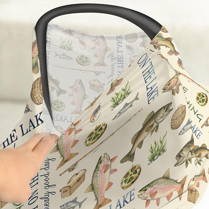 Gone Fishing Car Seat Cover for Babies Vintage Lake Fishing Lovers Gift Stretchy 5-in-1 Covers Adjustable Car Canopy Cover Vacation Outdoors Adventure Breathable Nursing Cover-Up
