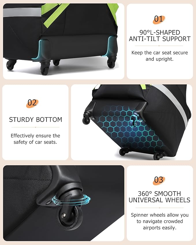 MCBD Car Seat Travel Bag for Airplane, Foldable Baby Carseat Backpack for Travel Padded Carseat Carrier for Airport Gate Check, Infant Stroller Cover with Reflective Strips
