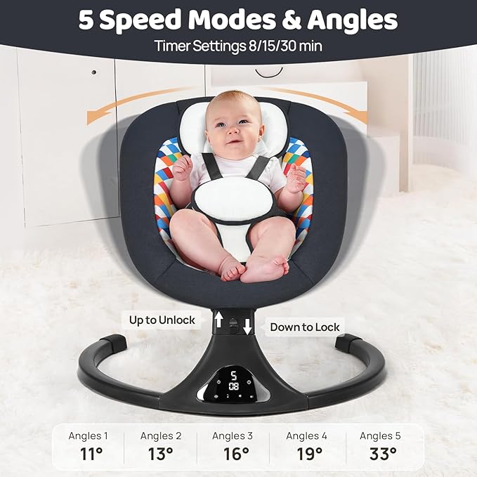 Baby Swing for Infants, Modern Infant Swings with Bluetooth & Remote Control, 5 Speed Motions, 12 Soothing Sounds, Portable for Newborns (Max 20 lbs Black)