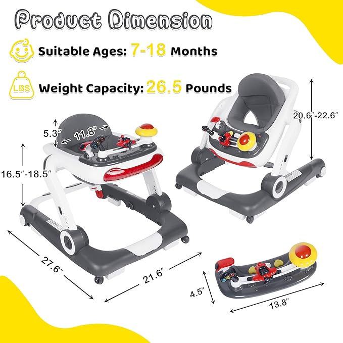 TODEFULL 6 in 1 Baby Walker, Baby Activity Walker for Toddler, Push Walker w/Adjustable Height Speed, Learning-Seated & Walk-Behind, Infant Walker w/Feeding Tray & Music Toys, Grey
