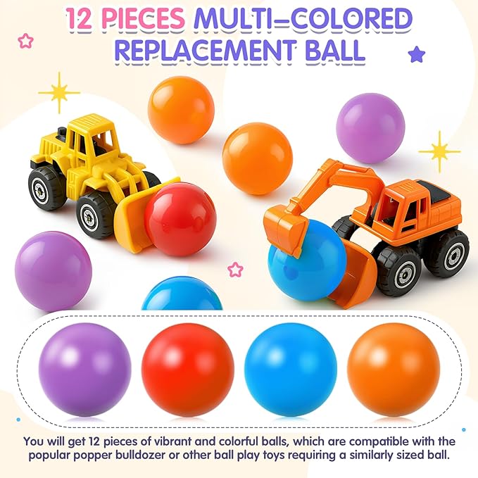 Civaner 12 Pieces Multi Colored Plastic Replacement Balls Small Bulldozer Popper Toy Balls 1.75 Inch Soft Crush Proof Air Filled Ocean Ball for Toddlers (Vibrant)