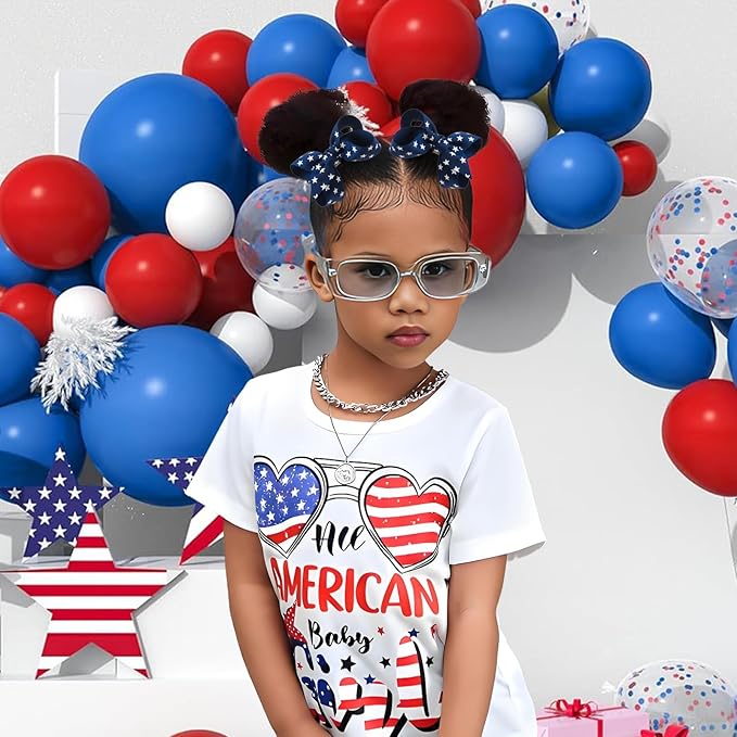 YanJie 2pcs Baby Hair Clips 3‘’ Navy Blue Bow Ribbon American Flag Hair Bows White Stars Clips