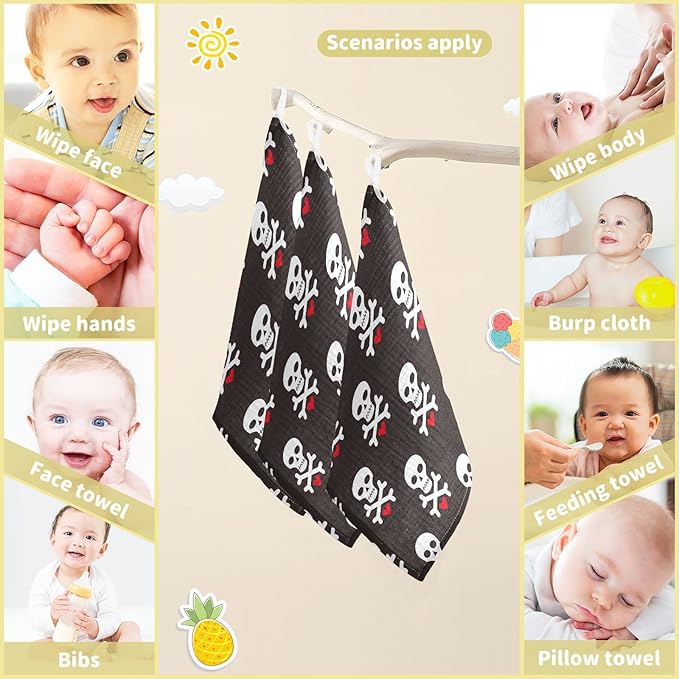 Baby Washcloths Cotton Skull Red Heart Baby Muslin Washcloths Soft Baby Face Towel for Newborn Infants Baby Wipes, 11.8 X 11.8 Inch, 3 Pack