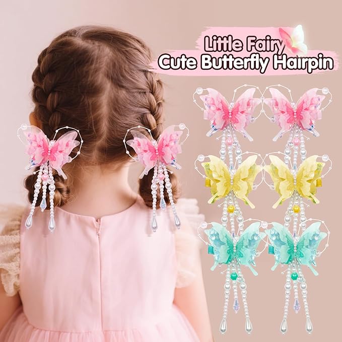 6-piece set of pearl bow tassel hair clips. Highlight the girl's gentle and sweet style. Suitable for girls and children. 3color combinations for butterflies: yellow, green, and pink