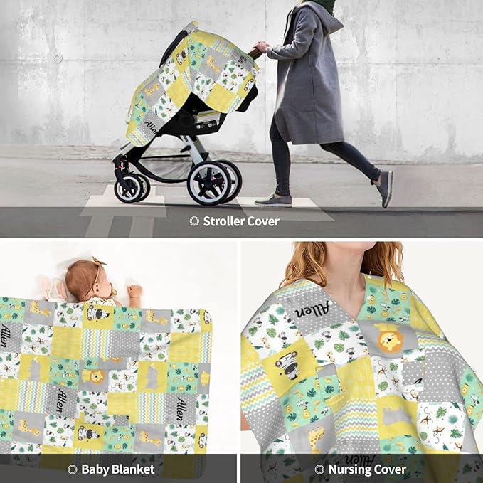 Personalized Zoo Animals Plaid Baby Infant Car Seats Canopy for Babies with Name, Custom Multi-use Blankets for Baby Boys Girls, Peekaboo Minky Nursing Breastfeeding Cover Canopies for Newborn