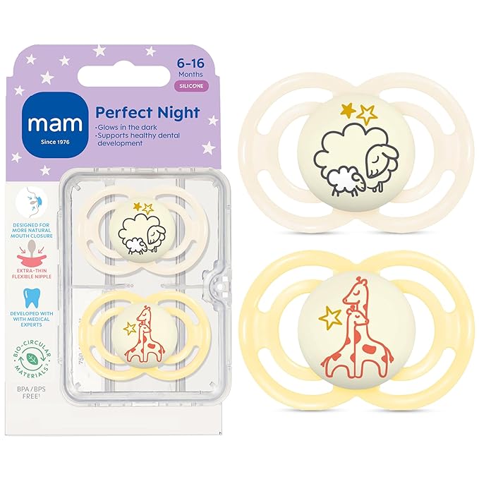 MAM Perfect Baby Pacifier 6-16 Months, Extra Thin Nipple, Developed with Orthodontists, Clinically Proven, Glows in The Dark, BPA-Free Silicone, Pack of 2, Made in Europe