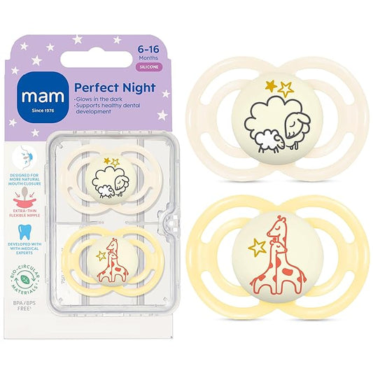 MAM Perfect Baby Pacifier 6-16 Months, Extra Thin Nipple, Developed with Orthodontists, Clinically Proven, Glows in The Dark, BPA-Free Silicone, Pack of 2, Made in Europe