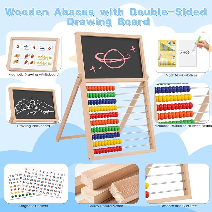 Wooden Abacus for Kids Math Games for Kids 3-5 4 5-7 6-8 Counters Toys with Double-Sided Whiteboard Blackboard and Magnetic Number Cards 1-100 Educational Counting Math Manipulatives 1st 2nd grade